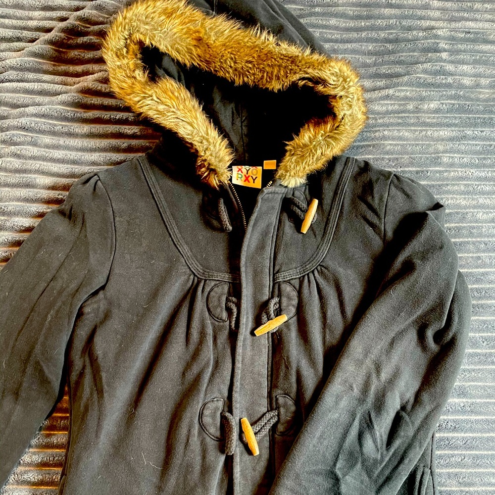 Roxy Coat black with faux fur hood